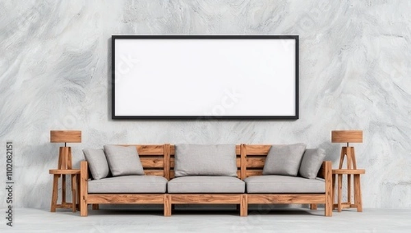 Fototapeta Interior design symbolizing creativity and minimalism, with a blank frame, sofa, plant, and lamp.