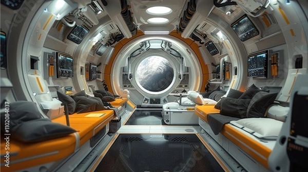 Fototapeta Interior view of a spaceship cabin as it flows through deep space.