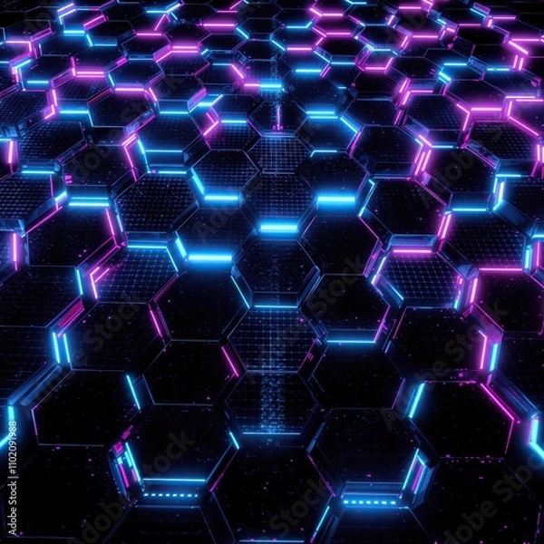 Fototapeta Metallic hexagon grid with neon light accents, hexagonal, modern, lighting, futuristic, grid