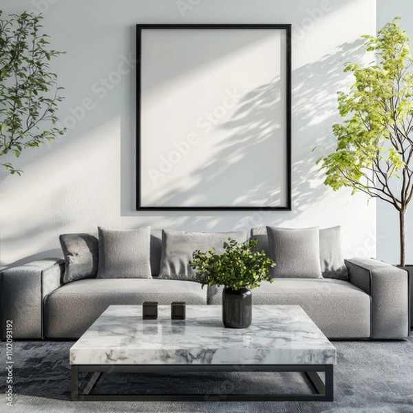 Obraz Minimalist living room with floating black frame marble coffee table mockup for professional presentation