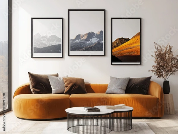 Fototapeta Curating a minimal gallery wall with black frames rounded sofa arrangement and morning light in a modern living room