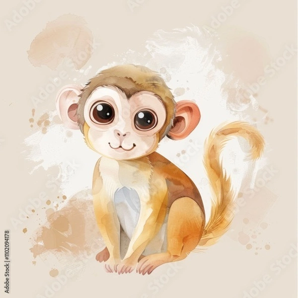 Fototapeta A cute, cartoon-style monkey with big eyes, sitting gracefully against a soft, warm background.