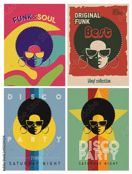 Fototapeta Disco party event flyers set. Collection of the creative vintage posters. Vector retro style template.