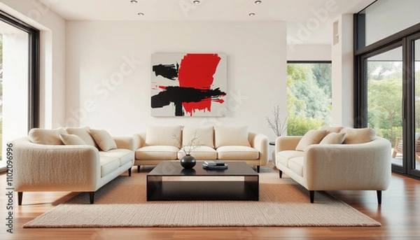 Obraz Japandi Minimalist Interior Design with Art Frame and Stylish Sofa in Modern Living Room.
