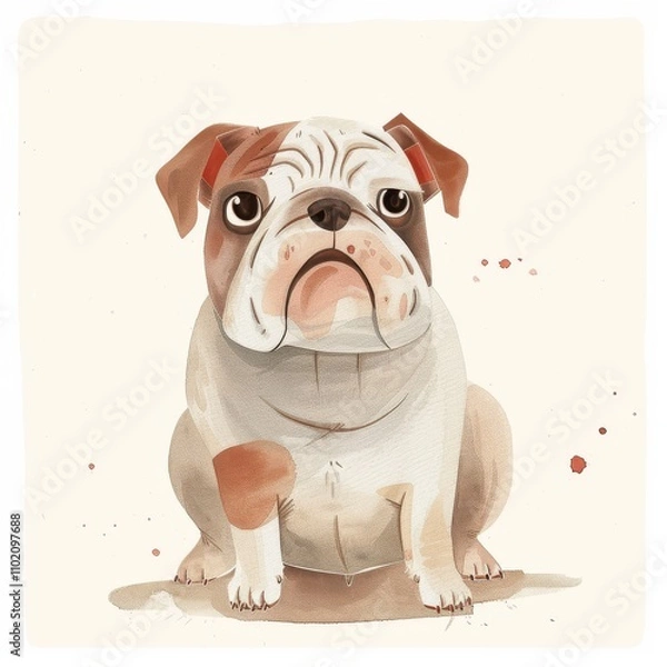 Fototapeta A cute, cartoon-style illustration of a bulldog sitting down, showcasing its adorable features and playful expression.