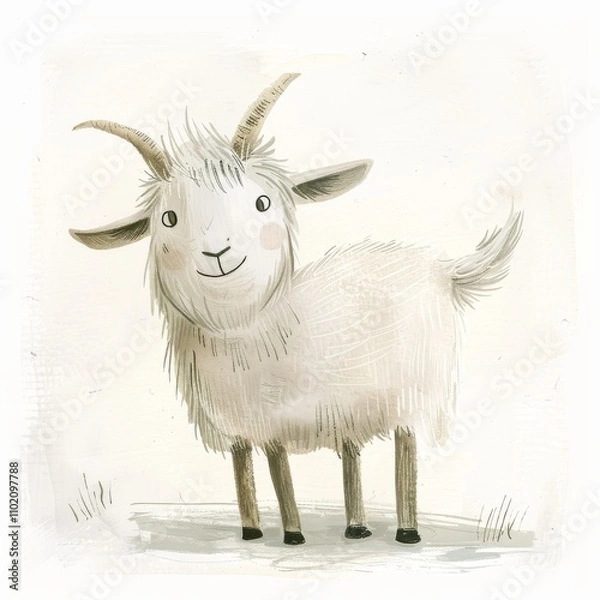 Fototapeta A cute, cartoon-style goat with a fluffy body and playful expression, ideal for children's illustrations and farm-related themes.