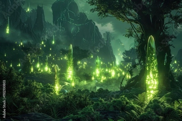 Fototapeta A Mystical Forest Lit by Glowing Pillars and Luminescent Particles