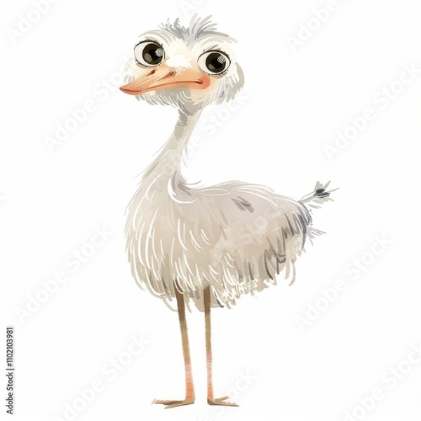 Fototapeta A charming and whimsical illustration of a fluffy, cartoon-style ostrich with big expressive eyes.