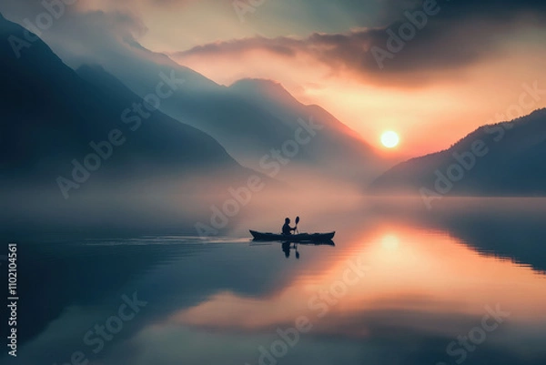 Obraz Kayaker on Serene Mountain Lake at Sunrise