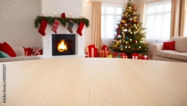 Obraz empty wooden table with a blurred winter cristmas background