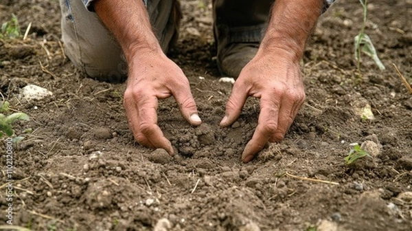 Fototapeta Farmerâ€™s hands cupping soil in a rural field, symbolizing a connection to nature and agriculture