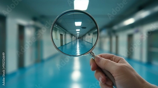 Fototapeta Detailed Investigation Hand Holding Magnifying Glass with Hallway Reflection - Closeup View of Scrutiny and Observation in Clinical Setting