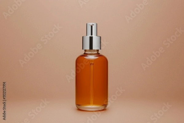 Fototapeta Elegant Amber Glass Bottle on Minimalist Beige Surface - Serene Product Photography for Cosmetics and Fragrances