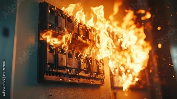 Obraz Electrical Panel Engulfed In Fiery Flames Burning Brightly