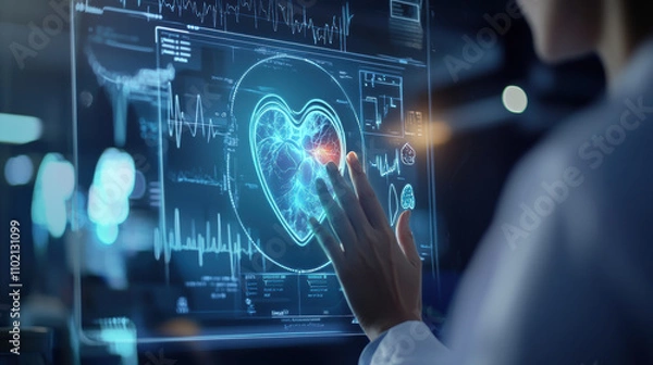 Fototapeta doctor analyzing heart data on digital screen, showcasing advanced technology and medical innovation. scene reflects focus on health and patient care