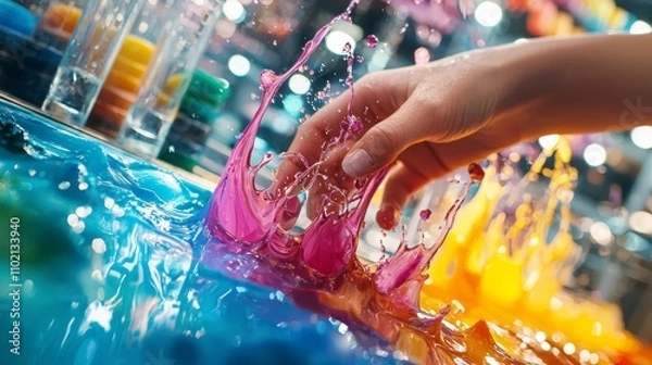 Obraz Hand splashing vibrant paints on a reflective surface