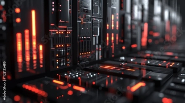 Obraz Rows of black servers with glowing red and orange LED indicators inside a data center. The image depicts a high-tech, secure, and efficient data storage environment, ideal for cloud computing concepts