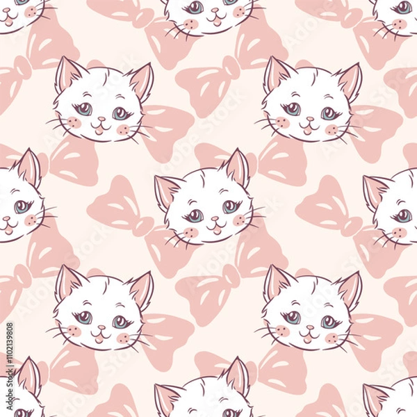 Fototapeta Cute hand drawn cat faces on pink background, kitten pattern