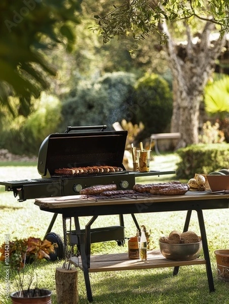 Fototapeta An outdoor barbecue grill with sizzling meats, set in a lush garden on a sunny day, perfect for gatherings