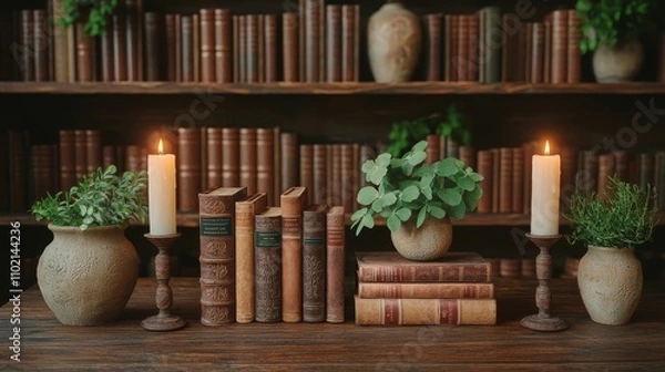 Fototapeta Vintage Library Ambiance with Antique Books, Candlesticks, and Plants on Wooden Table in Soft Candlelit Setting - Nostalgic Reading Corner