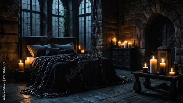 Fototapeta Dark gothic bedroom with candles and chains.