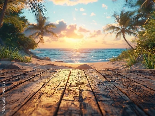 Fototapeta Picturesque tropical beach setting with palm trees and serene ocean backdrop for summer and travel related product mockups