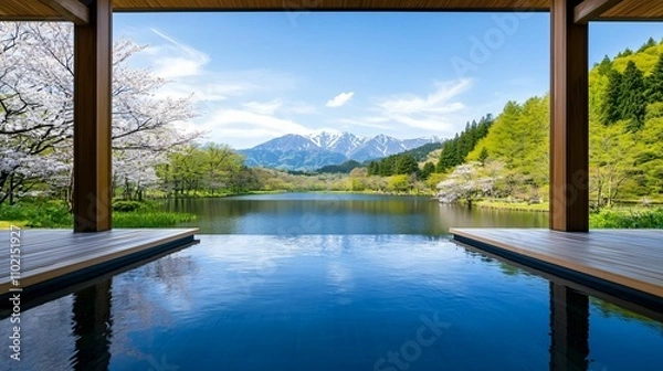 Obraz Scenic view of a tranquil lake framed by cherry blossoms and mountains.