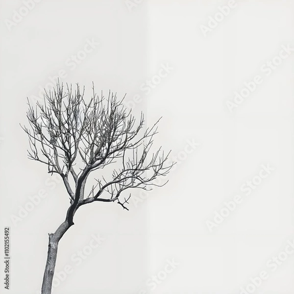 Fototapeta The image features a solitary, leafless tree with an intricate network of bare branches. The tree is positioned on the left side against a stark, white background, emphasizing its striking silhouette.