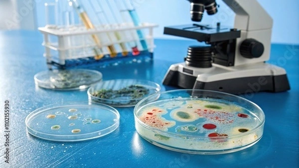 Fototapeta Bacteria growing on a agar plate in a blue environment with a scientific instrument, agar plate, microscope