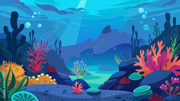 Fototapeta Vibrant coral reef teeming with marine life in deep blue ocean waters