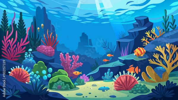 Fototapeta Vibrant coral reef teeming with colorful fish in deep blue ocean