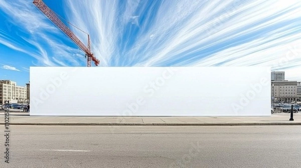 Obraz long hoarding with empty space for mock up on construction site red crane and blue sky background , isolated on white background,  , copy space, copy space for text,
