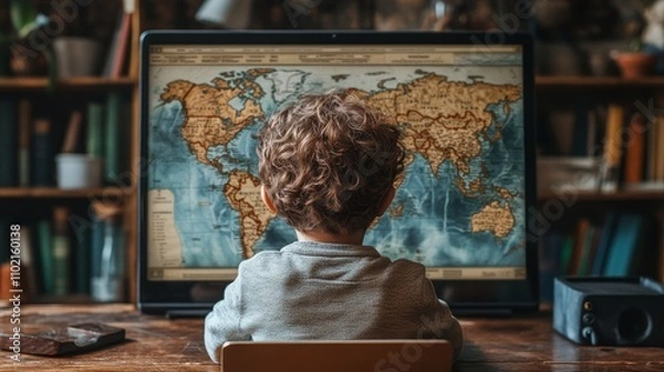 Fototapeta Young child exploring a world map on a computer screen