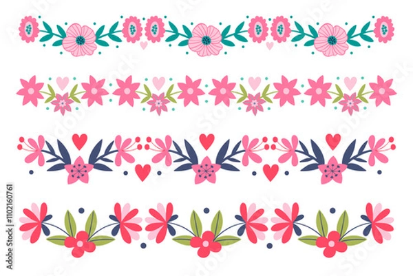 Fototapeta Set of reflection borders of flowers, twigs, leaves, pink purple color, bouquet, flat folk art illustration.
