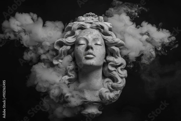 Fototapeta Artistic representation of a classical sculpture surrounded by smoke studio setting black and white photography dramatic mood