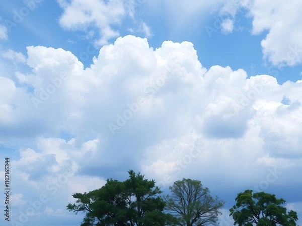 Obraz Cloudy sky with a blue gradient background and a few trees in the foreground, rustic charm, serene scenery, soft focus