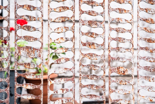 Fototapeta Close-up of aged metal panels with fluid, rhythmic holes, symbolizing the balance between form and function, showcasing the worn beauty of industrial materials in contrast to natural growth