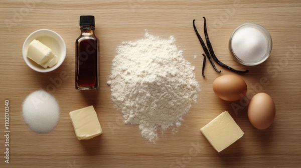 Obraz A Flat Lay Arrangement of Baking Ingredients Including Flour, Eggs, Butter, Sugar, Vanilla Extract, and a Bowl of Cream Ready for Making Delicious Pastries