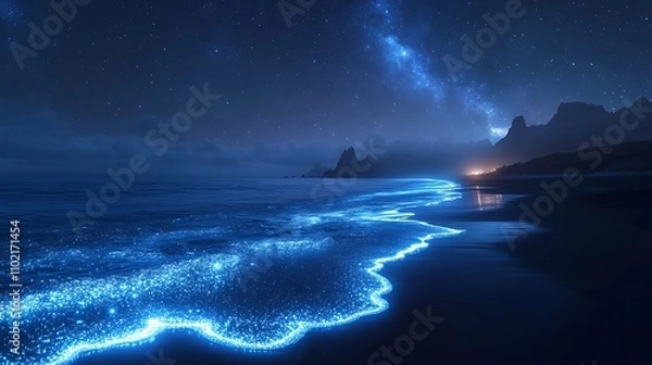 Obraz A night scene of bioluminescent waves glowing on a black sand beach under a clear starry sky