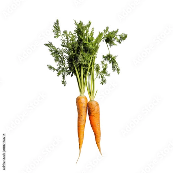 Fototapeta Two fresh carrots with green leaves on a white background, isolated organic vegetables, vibrant and healthy root crops ideal for natural food and clean eating concepts