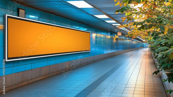 Obraz OOH Extrreme Horizontal blank advertising billboard poster template mock up in a long tunnel walkway outofhome media display space mockup in pedestrian linkway digital display : Ge