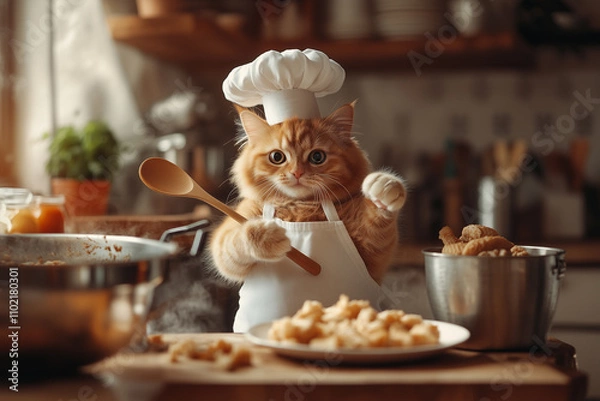 Fototapeta Fluffy Orange Cat in Chef’s Hat Preparing a Meal in a Bright Kitchen