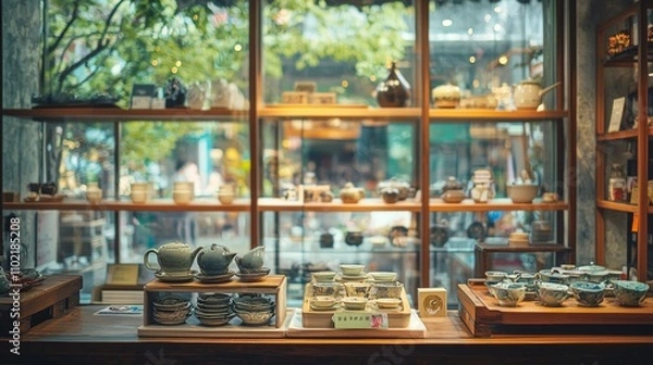 Fototapeta Elegant tea sets displayed in a cozy shop interior