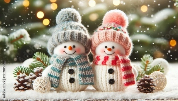 Fototapeta Two little lovely snowman in knitted skandi hat and scarfs standing in winter landscape. Merry Christmas and happy New Year greeting card