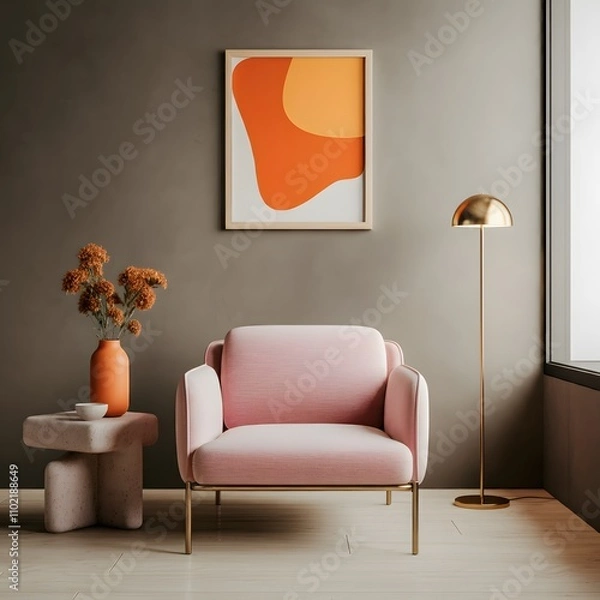 Fototapeta Minimalist interior design of modern living room. Stylish modern room featuring a pink armchair, abstract orange wall art and minimalist decor with natural light