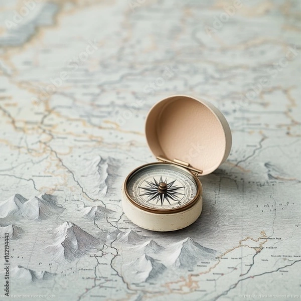 Fototapeta Compass and map planning for budgeting roadmap in natural environment outdoor adventure perspective