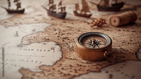Fototapeta Navigating historical maps a sailor's compass for budgeting and planning roadmaps in travel