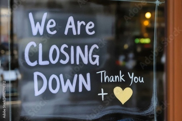 Fototapeta Storefront window with a handwritten sign announcing a closing down sale, featuring a heart symbol and 'Thank You.'
