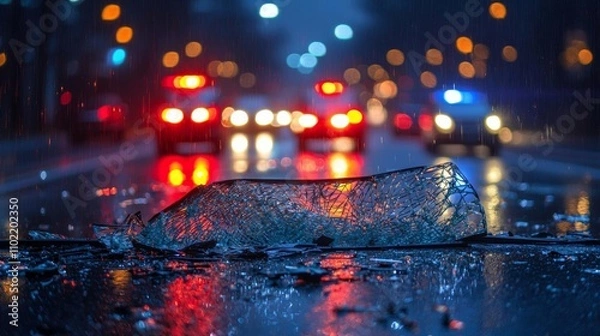 Obraz Inside shot of broken car windshield glass with police lights in the background. Car accident concept , isolated on white background,  , copy space, copy space for text,