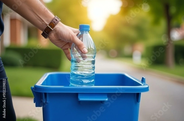 Fototapeta A human hand holds an empty plastic bottle and puts it in a blue dumpster, promoting waste separation in a residential area, eco-friendly use